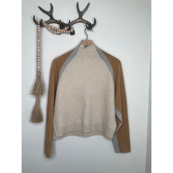 NWT French Connection Babysoft Mock Neck Sweater Large Tan Cream Cozy Colorblock - Picture 6 of 9